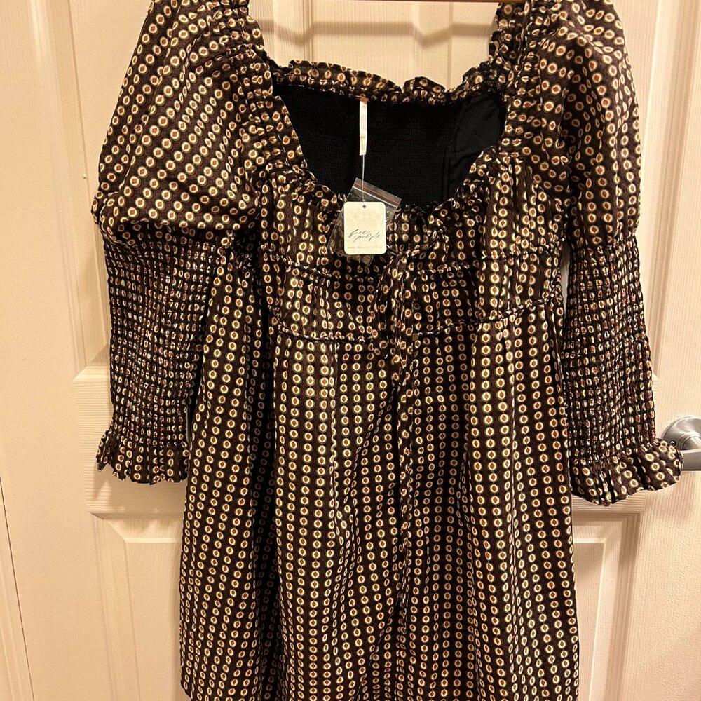 Free People Anthropologie Boho Gingham Brown Smock Dress Size XL NWT